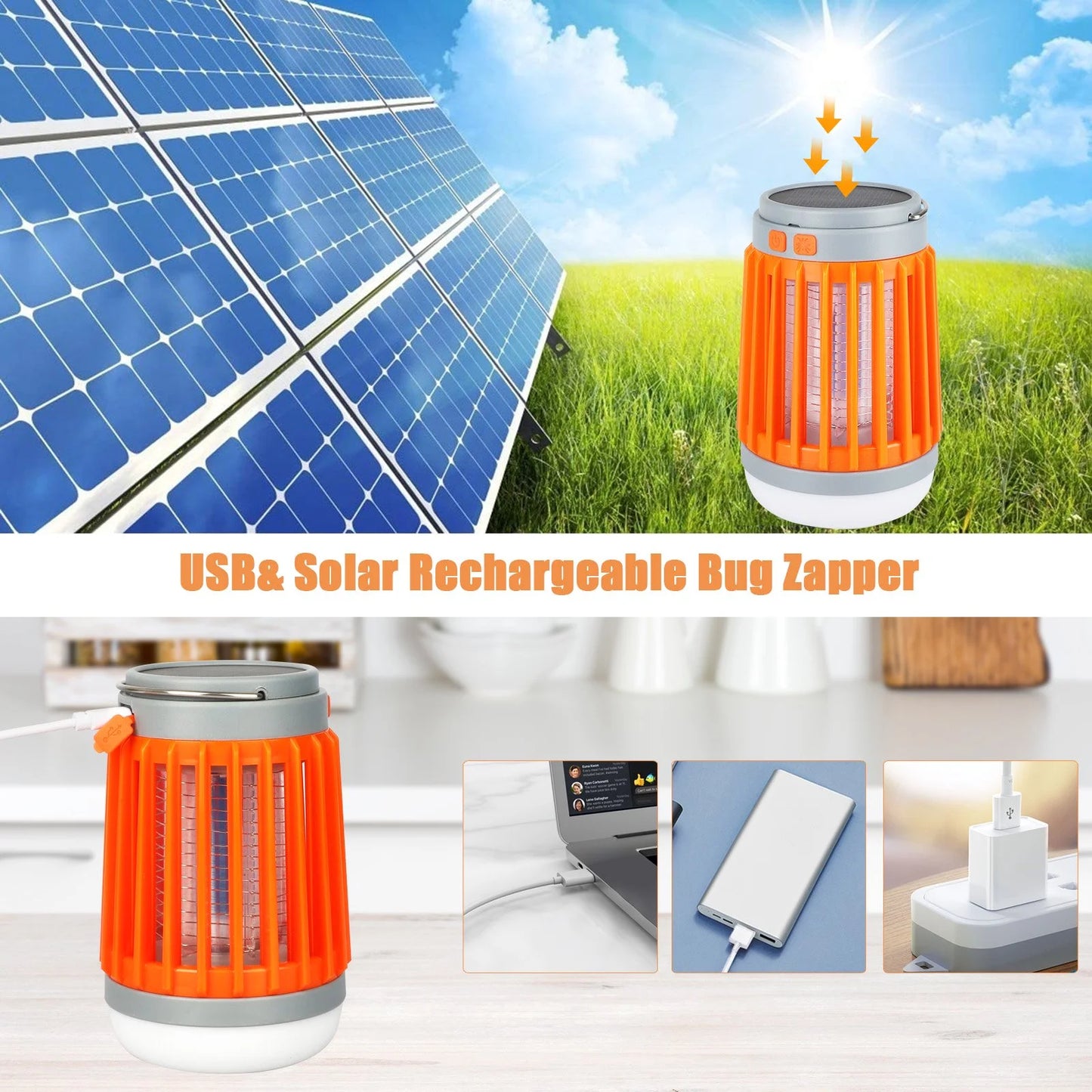 3-In-1 Bug Zapper Mosquito Killer Lamp, Solar Operated and Battery Powered Electric Mosquito Zapper with Rechargeable Waterproof Insect Fly Pest Attractant Trap Repellent Orange