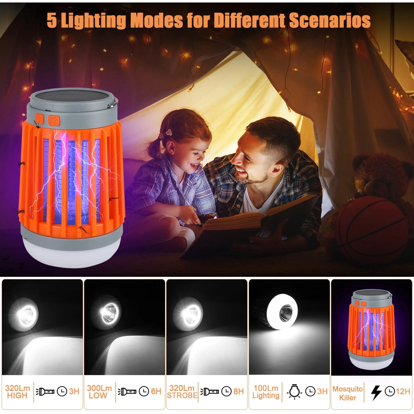 3-In-1 Bug Zapper Mosquito Killer Lamp, Solar Operated and Battery Powered Electric Mosquito Zapper with Rechargeable Waterproof Insect Fly Pest Attractant Trap Repellent Orange