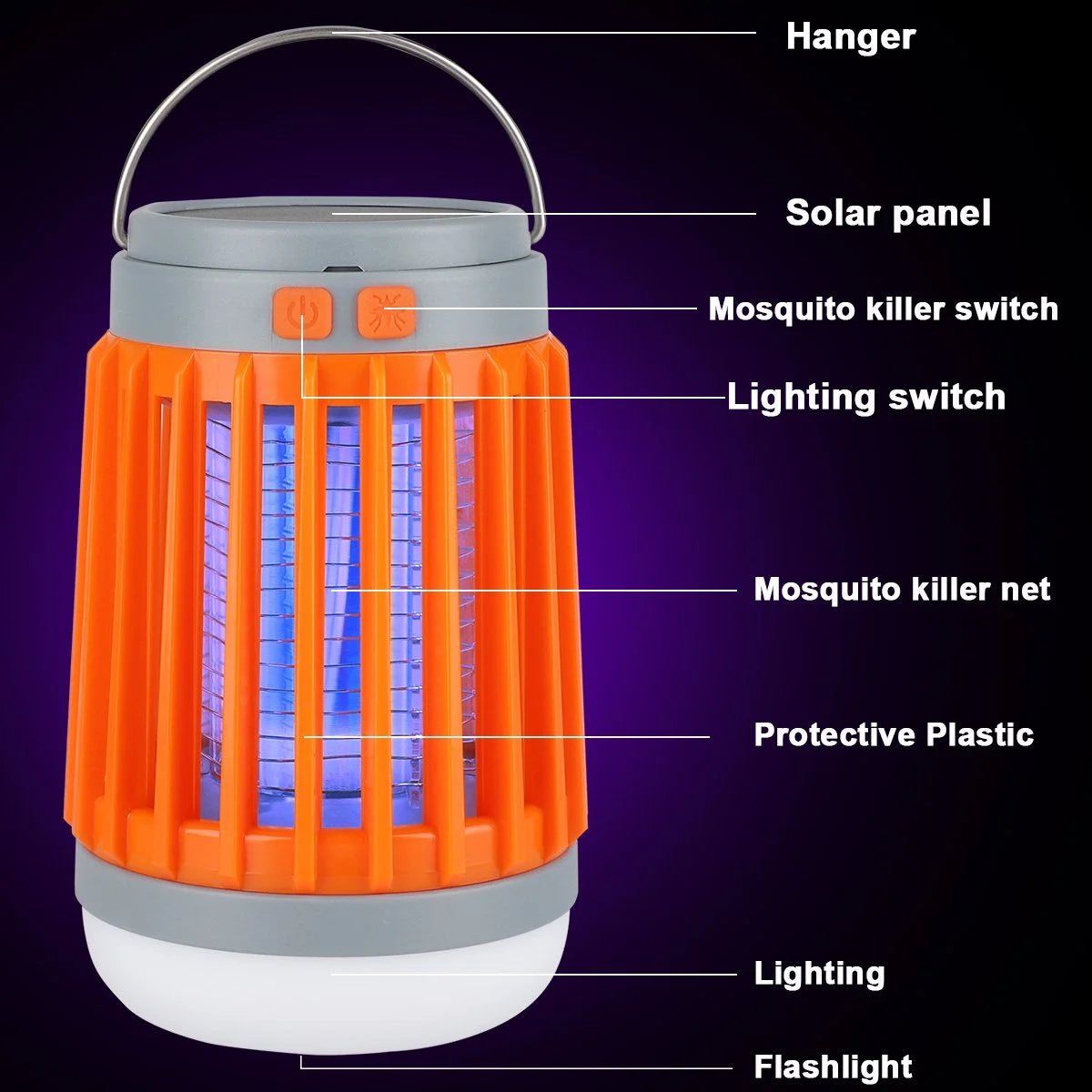 3-In-1 Bug Zapper Mosquito Killer Lamp, Solar Operated and Battery Powered Electric Mosquito Zapper with Rechargeable Waterproof Insect Fly Pest Attractant Trap Repellent Orange