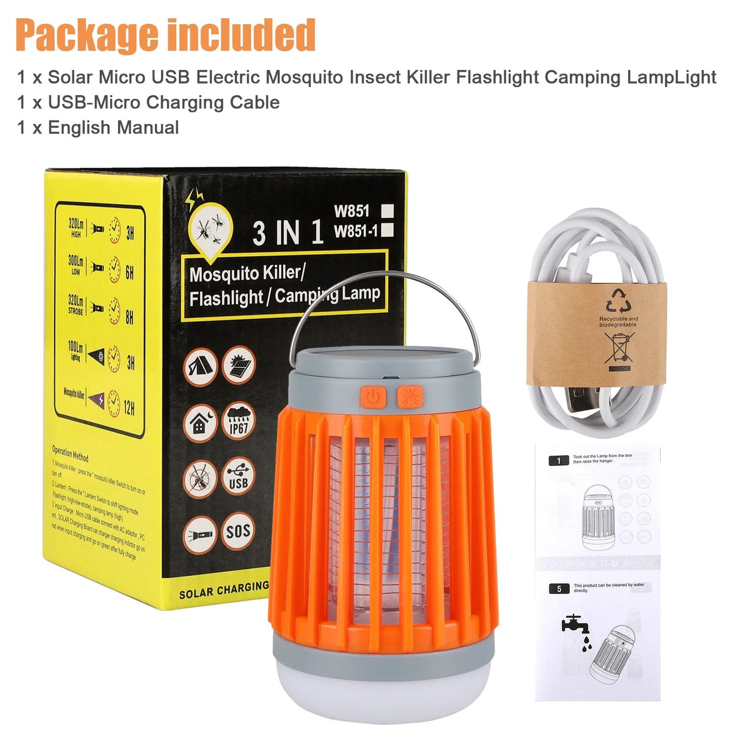 3-In-1 Bug Zapper Mosquito Killer Lamp, Solar Operated and Battery Powered Electric Mosquito Zapper with Rechargeable Waterproof Insect Fly Pest Attractant Trap Repellent Orange
