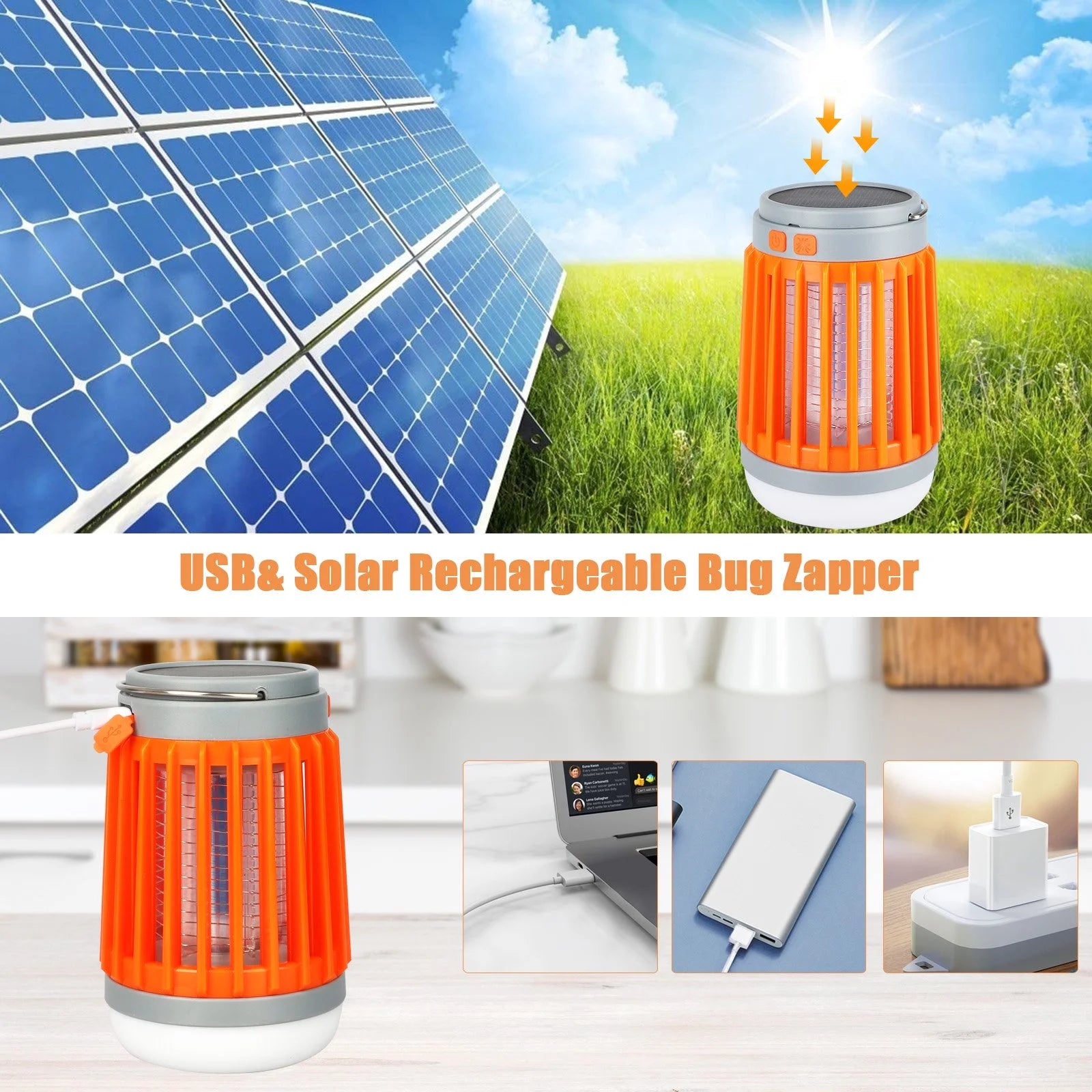 3-In-1 Bug Zapper Mosquito Killer Lamp, Solar Operated and Battery Powered Electric Mosquito Zapper with Rechargeable Waterproof Insect Fly Pest Attractant Trap Repellent Orange